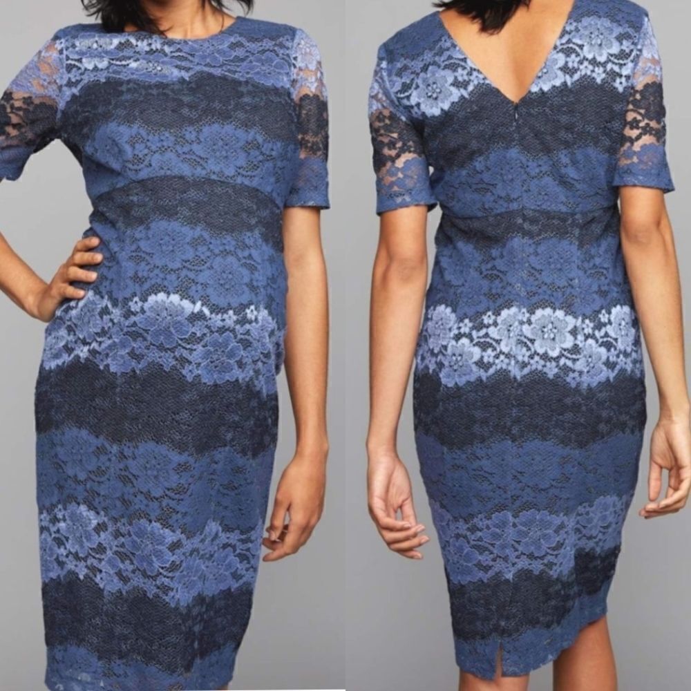 A Pea in the pod Maternity Blue floral Lace formal short sleeve shift dress S
